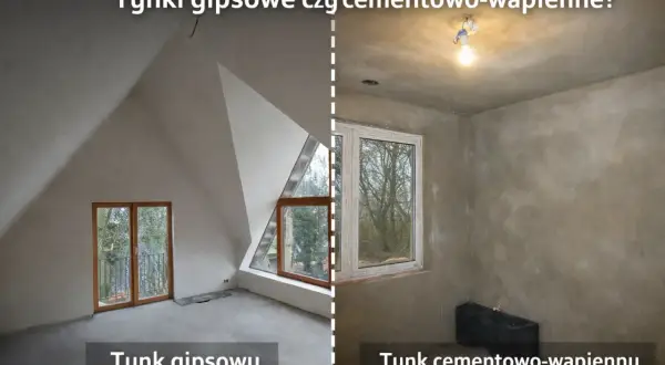Dwa wnętrza z różnymi tynkami: po lewej tynk gipsowy, po prawej cementowo-wapienny.