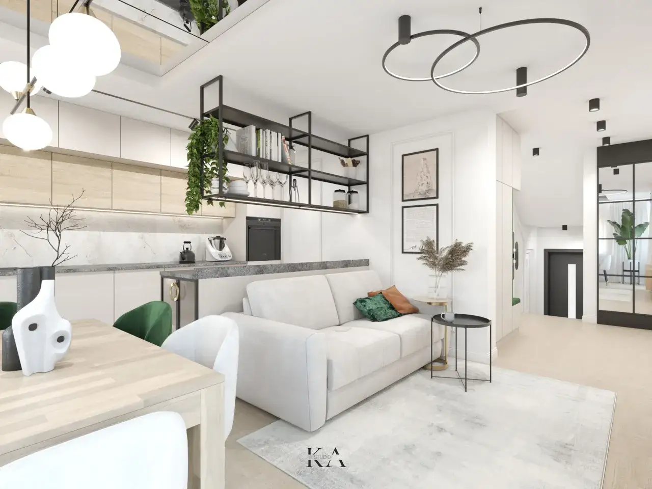 Nowoczesne wnętrze z kuchnią, salonem i jadalnią, jasne kolory, rośliny, designerskie oświetlenie.